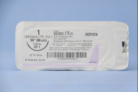 J & J Healthcare Systems  VCP474H Absorbable Antibacterial Suture with Needle Coated Vicryl Plus Polyglactin 910 CP-1 1/2 Circle Reverse Cutting Needle Size 1 Braided