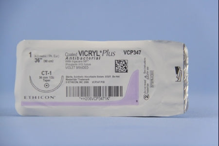 J & J Healthcare Systems  VCP347H Absorbable Antibacterial Suture with Needle Coated Vicryl Plus Polyglactin 910 CT-1 1/2 Circle Taper Point Needle Size 1 Braided