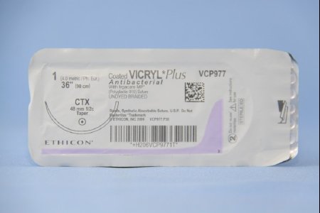 J & J Healthcare Systems  VCP977H Absorbable Antibacterial Suture with Needle Coated Vicryl Plus Polyglactin 910 with Irgacare MP Antibacterial Suture CTX 1/2 Circle Taper Point Needle Size 1 Braided