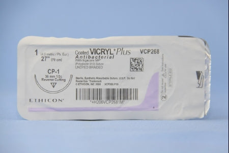 J & J Healthcare Systems  VCP268H Absorbable Antibacterial Suture with Needle Coated Vicryl Plus Polyglactin 910 with Irgacare MP Antibacterial Suture CP-1 1/2 Circle Reverse Cutting Needle Size 1 Braided