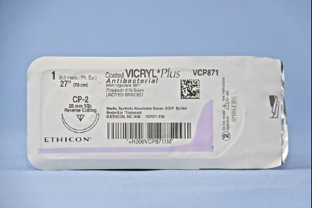 J & J Healthcare Systems  VCP871H Absorbable Antibacterial Suture with Needle Coated Vicryl Plus Polyglactin 910 with Irgacare MP Antibacterial Suture CP-2 1/2 Circle Reverse Cutting Needle Size 1 Braided