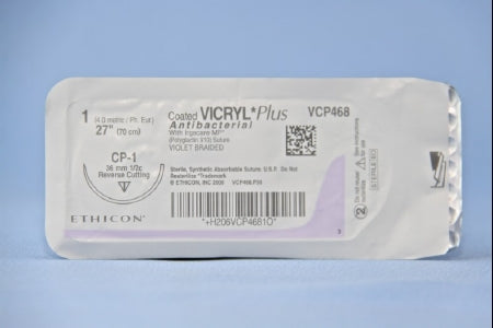 J & J Healthcare Systems  VCP468H Absorbable Antibacterial Suture with Needle Coated Vicryl Plus Polyglactin 910 CP-1 1/2 Circle Reverse Cutting Needle Size 1 Braided