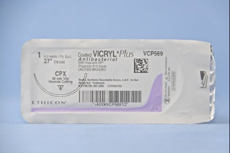 J & J Healthcare Systems  VCP569H Absorbable Antibacterial Suture with Needle Coated Vicryl Plus Polyglactin 910 with Irgacare MP Antibacterial Suture CPX 1/2 Circle Reverse Cutting Needle Size 1 Braided