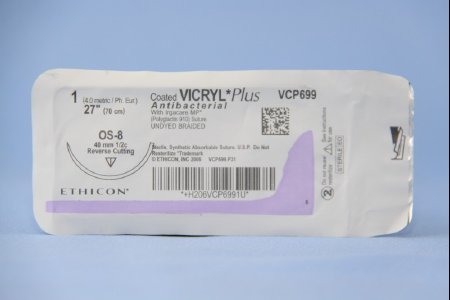 J & J Healthcare Systems  VCP699H Absorbable Antibacterial Suture with Needle Coated Vicryl Plus Polyglactin 910 with Irgacare MP Antibacterial Suture OS-8 1/2 Circle Reverse Cutting Needle Size 1 Braided