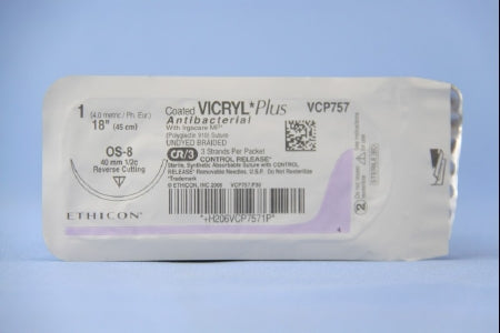 J & J Healthcare Systems  VCP757T Absorbable Antibacterial Suture with Needle Coated Vicryl Plus Polyglactin 910 with Irgacare MP Antibacterial Suture OS-8 1/2 Circle Reverse Cutting Needle Size 1 Braided