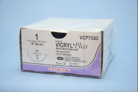 J & J Healthcare Systems  VCP753D Absorbable Antibacterial Suture with Needle Coated Vicryl Plus Polyglactin 910 CT 1/2 Circle Taper Point Needle Size 1 Braided