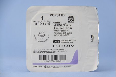 J & J Healthcare Systems  VCP841D Absorbable Antibacterial Suture with Needle Coated Vicryl Plus Polyglactin 910 with Irgacare MP Antibacterial Suture CT-1 1/2 Circle Taper Point Needle Size 1 Braided