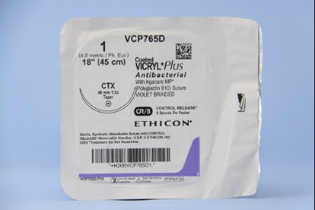 J & J Healthcare Systems  VCP765D Absorbable Antibacterial Suture with Needle Coated Vicryl Plus Polyglactin 910 CTX 1/2 Circle Taper Point Needle Size 1 Braided