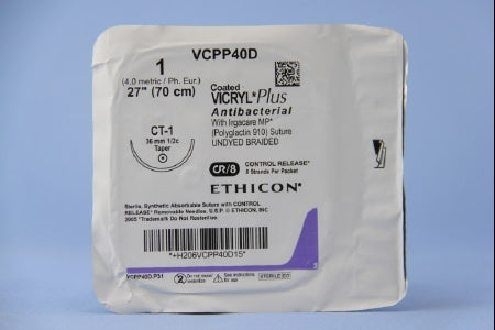 J & J Healthcare Systems  VCPP40D Absorbable Antibacterial Suture with Needle Coated Vicryl Plus Polyglactin 910 with Irgacare MP Antibacterial Suture CT-1 1/2 Circle Taper Point Needle Size 1 Braided