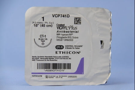 J & J Healthcare Systems  VCP741D Absorbable Antibacterial Suture with Needle Coated Vicryl Plus Polyglactin 910 CT-1 1/2 Circle Taper Point Needle Size 1 Braided