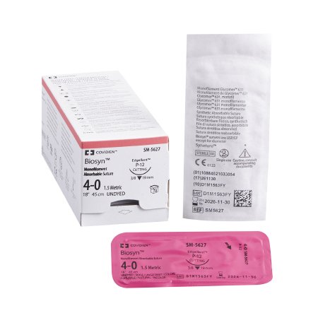 Covidien  SM-5627 Absorbable Suture with Needle Biosyn Polyester P-12 3/8 Circle Precision Reverse Cutting Needle Size 4 - 0 Monofilament