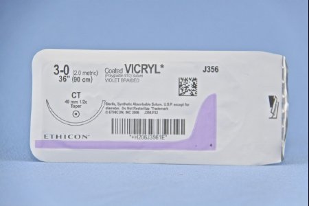 J & J Healthcare Systems  J356H Absorbable Suture with Needle Coated Vicryl Polyglactin 910 CT 1/2 Circle Taper Point Needle Size 3 - 0 Braided