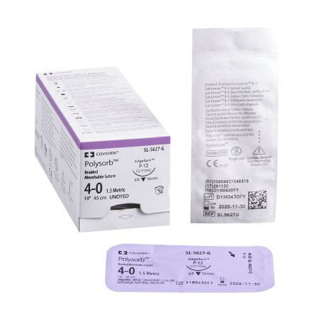 Covidien  SL-5627-G Absorbable Suture with Needle Polysorb Polyester P-12 3/8 Circle Precision Reverse Cutting Needle Size 4 - 0 Braided