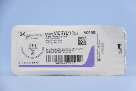 J & J Healthcare Systems  VCP258H Absorbable Antibacterial Suture with Needle Coated Vicryl Plus Polyglactin 910 with Irgacare MP Antibacterial Suture CT-1 1/2 Circle Taper Point Needle Size 3 - 0 Braided