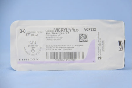 J & J Healthcare Systems  VCP232H Absorbable Antibacterial Suture with Needle Coated Vicryl Plus Polyglactin 910 with Irgacare MP Antibacterial Suture CT-2 1/2 Circle Taper Point Needle Size 3 - 0 Braided