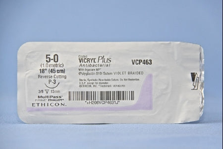 J & J Healthcare Systems  VCP463G Absorbable Antibacterial Suture with Needle Coated Vicryl Plus Polyglactin 910 P-3 3/8 Circle Precision Reverse Cutting Needle Size 5 - 0 Braided