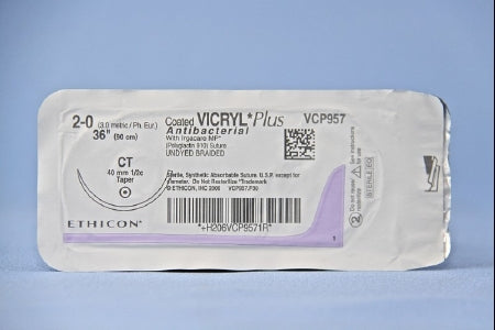 J & J Healthcare Systems  VCP957H Absorbable Antibacterial Suture with Needle Coated Vicryl Plus Polyglactin 910 with Irgacare MP Antibacterial Suture CT 1/2 Circle Taper Point Needle Size 2 - 0 Braided