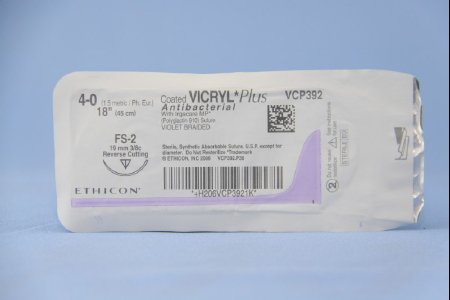 J & J Healthcare Systems  VCP392H Absorbable Antibacterial Suture with Needle Coated Vicryl Plus Polyglactin 910 FS-2 3/8 Circle Reverse Cutting Needle Size 4 - 0 Braided