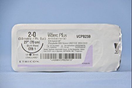 J & J Healthcare Systems  VCPB259H Absorbable Antibacterial Suture with Needle Coated Vicryl Plus Polyglactin 910 with Irgacare MP Antibacterial Suture CTB-1 1/2 Circle Blunt Point Needle Size 2 - 0 Braided