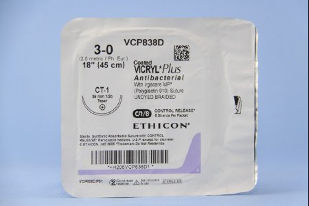 J & J Healthcare Systems  VCP838D Absorbable Antibacterial Suture with Needle Coated Vicryl Plus Polyglactin 910 with Irgacare MP Antibacterial Suture CT-1 1/2 Circle Taper Point Needle Size 3 - 0 Braided