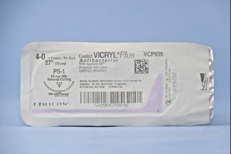 J & J Healthcare Systems  VCP935H Absorbable Antibacterial Suture with Needle Coated Vicryl Plus Polyglactin 910 with Irgacare MP Antibacterial Suture PS-1 3/8 Circle Precision Reverse Cutting Needle Size 4 - 0 Braided