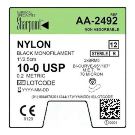 Surgical Specialties  AA-2492 Nonabsorbable Suture with Needle Sharpoint Nylon BRM5 Bi-Curve M.E.T. Point Needle Size 10 - 0 Monofilament