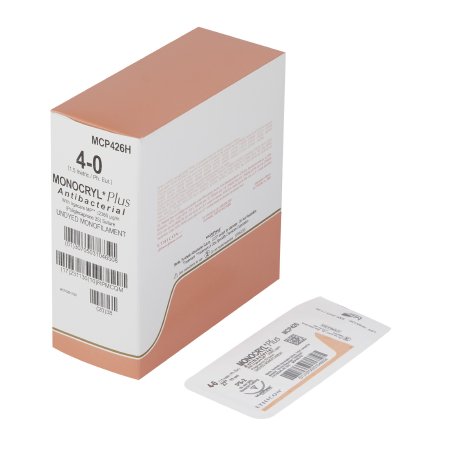 J & J Healthcare Systems  MCP426H Absorbable Antibacterial Suture with Needle Monocryl Plus Poliglecaprone 25 with Irgacare MP Antibacterial Suture PS-2 3/8 Circle Precision Reverse Cutting Needle Size 4 - 0