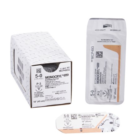 J & J Healthcare Systems  MCP493G Absorbable Antibacterial Suture with Needle Monocryl Plus Poliglecaprone 25 with Irgacare MP Antibacterial Suture P-3 3/8 Circle Precision Reverse Cutting Needle Size 5 - 0