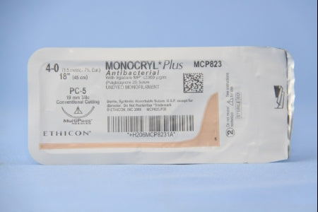 J & J Healthcare Systems  MCP823G Absorbable Antibacterial Suture with Needle Monocryl Plus Poliglecaprone 25 with Irgacare MP Antibacterial Suture PC-5 3/8 Circle Precision Conventional Cutting Needle Size 4 - 0