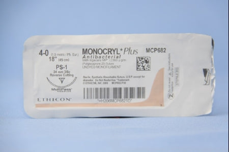 J & J Healthcare Systems  MCP682H Absorbable Antibacterial Suture with Needle Monocryl Plus Poliglecaprone 25 with Irgacare MP Antibacterial Suture PS-1 3/8 Circle Reverse Cutting Needle Size 4 - 0