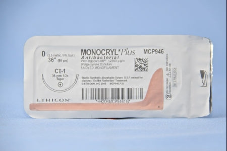 J & J Healthcare Systems  MCP946H Absorbable Antibacterial Suture with Needle Monocryl Plus Poliglecaprone 25 with Irgacare MP Antibacterial Suture CT-1 1/2 Circle Taper Point Needle Size 0