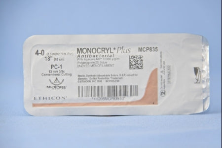 J & J Healthcare Systems  MCP835G Absorbable Antibacterial Suture with Needle Monocryl Plus Poliglecaprone 25 with Irgacare MP Antibacterial Suture PC-1 3/8 Circle Precision Conventional Cutting Needle Size 4 - 0