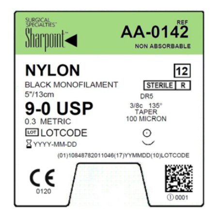 Surgical Specialties  AA-0142 Nonabsorbable Suture with Needle Sharpoint Nylon DR5 3/8 Circle Taper Point Needle Size 9 - 0 Monofilament