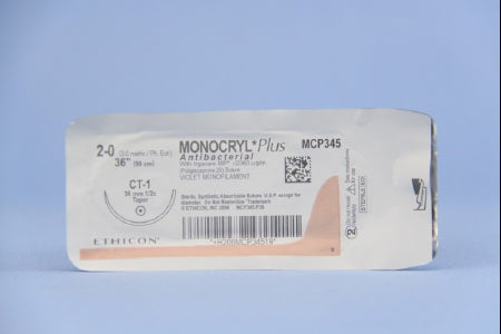 J & J Healthcare Systems  MCP345H Absorbable Antibacterial Suture with Needle Monocryl Plus Poliglecaprone 25 with Irgacare MP Antibacterial Suture CT-1 1/2 Circle Taper Point Needle Size 2 - 0