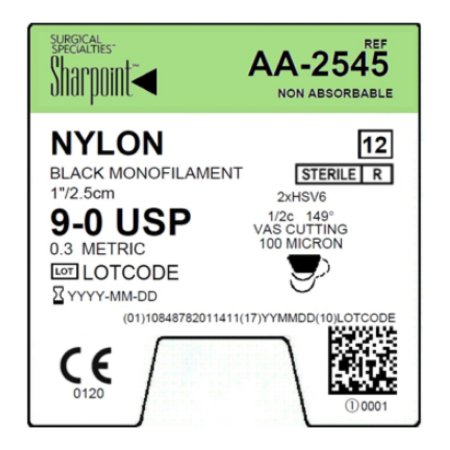 Surgical Specialties  AA-2545 Nonabsorbable Suture with Needle Sharpoint Nylon HSV6 1/2 Circle VAS Cutting Needle Size 9 - 0 Monofilament