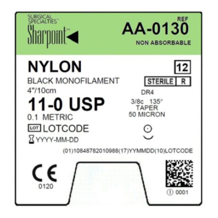 Surgical Specialties  AA-0130 Nonabsorbable Suture with Needle Sharpoint Nylon DR4 3/8 Circle Taper Point Needle Size 11 - 0 Monofilament