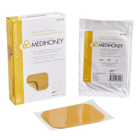 McKesson Brand 31245 Honey Hydocolloid Dressing MEDIHONEY Honeycolloid Rectangle 4 X 5 Inch Sterile Without Adhesive