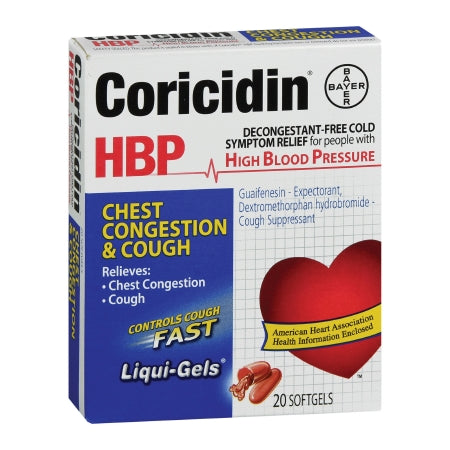 Bayer  11523715802 Cold and Cough Relief Coricidin HBP Chest Congestion & Cough 200 mg - 10 mg Strength Softgel 20 per Bottle