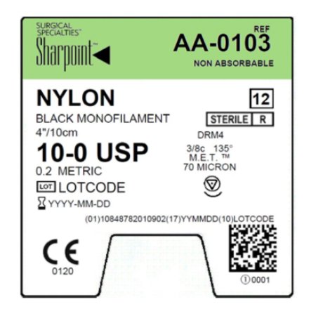 Surgical Specialties  AA-0103 Nonabsorbable Suture with Needle Sharpoint Nylon DRM4 3/8 Circle M.E.T. Point Needle Size 10 - 0 Monofilament