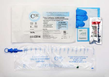 Cure Medical  CS14 Intermittent Catheter Tray Cure Catheter Closed System / Straight Tip 14 Fr. Without Balloon