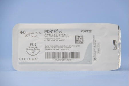 J & J Healthcare Systems  PDP422H Absorbable Antibacterial Suture with Needle PDS Plus Polydioxanone with Irgacare MP FS-2 3/8 Circle Reverse Cutting Needle Size 4 - 0 Monofilament