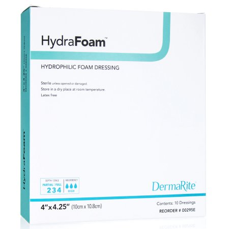 DermaRite Industries  00295E Foam Dressing HydraFoam 4 X 4-1/4 Inch Without Border Waterproof Backing Nonadhesive Rectangle Sterile