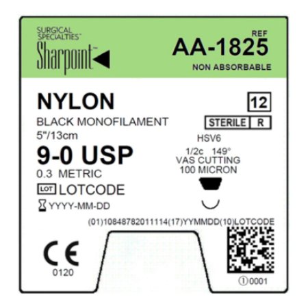 Surgical Specialties  AA-1825 Nonabsorbable Suture with Needle Sharpoint Nylon HSV6 1/2 Circle VAS Cutting Needle Size 9 - 0 Monofilament