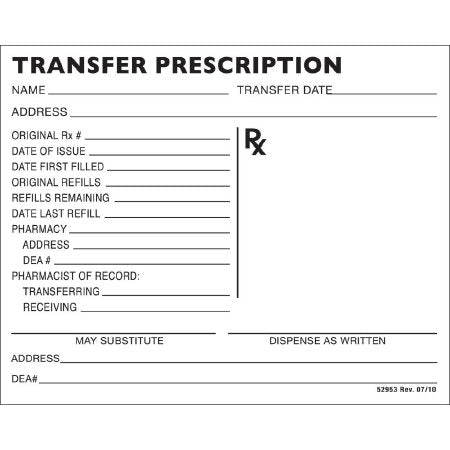 Apothecary Products  52953 Rx Transfer Prescription Form 4-1/4 X 5-1.2 Inch, 100 Sheets