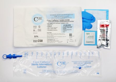 Cure Medical  CS8 Intermittent Catheter Tray Cure Catheter Closed System / Straight Tip 8 Fr. Without Balloon