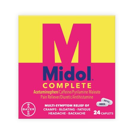 Bayer  12843015859 Cramp Relief Midol Complete 500 mg - 60 mg - 15 mg Strength Acetaminophen / Caffeine / Pyrilamine Maleate Caplet 24 per Box