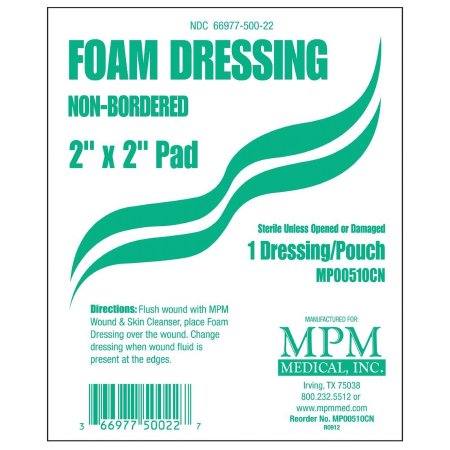 MPM Medical  MP00510 Foam Dressing MPM 2 X 2 Inch Without Border Waterproof Backing Nonadhesive Square Sterile