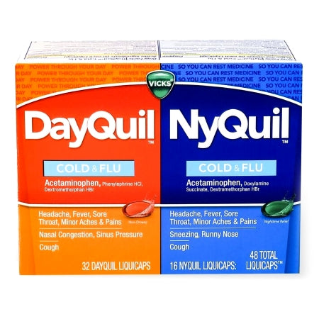 Procter & Gamble  32390001452 Cold and Cough Relief DayQuil Nyquil Combo Pack 325 mg - 10 mg - 5 mg Strength and 325 mg - 15 mg - 6.25 mg Strength Gelcap 48 per Box