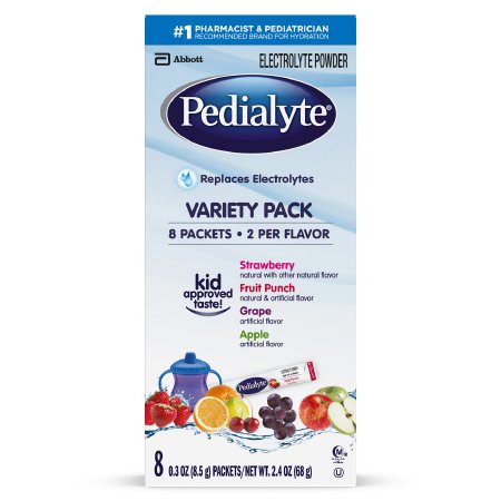 Abbott 07007456091 Oral Electrolyte Solution Pedialyte Powder Packs Fruit Punch / Grape / Apple / Strawberry Flavor 0.6 oz. Electrolyte