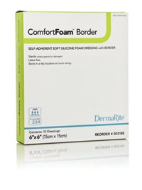 DermaRite Industries  00318E Foam Dressing ComfortFoam Border 6 X 6 Inch With Border Waterproof Backing Silicone Adhesive Square Sterile